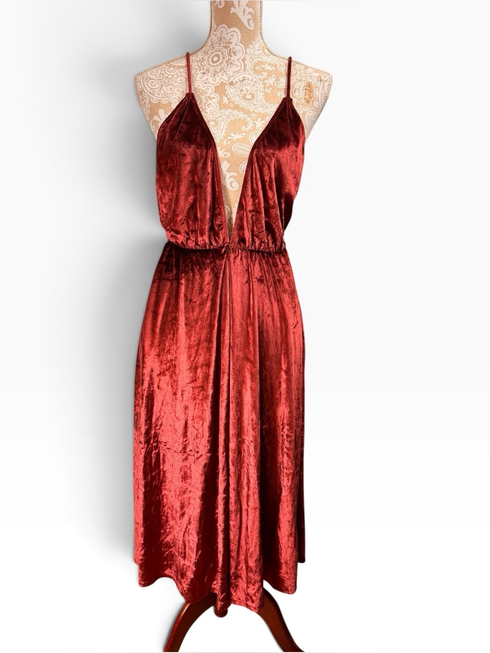 Reformation Size M Coppola Sexy Open Back Plunging V Neck Velvet Midi Dress